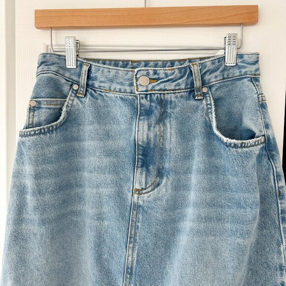 Pilcro Madi Front Slit Denim Maxi Skirt Blue High Waist Raw Hem Women’s 10 - Picture 3 of 6